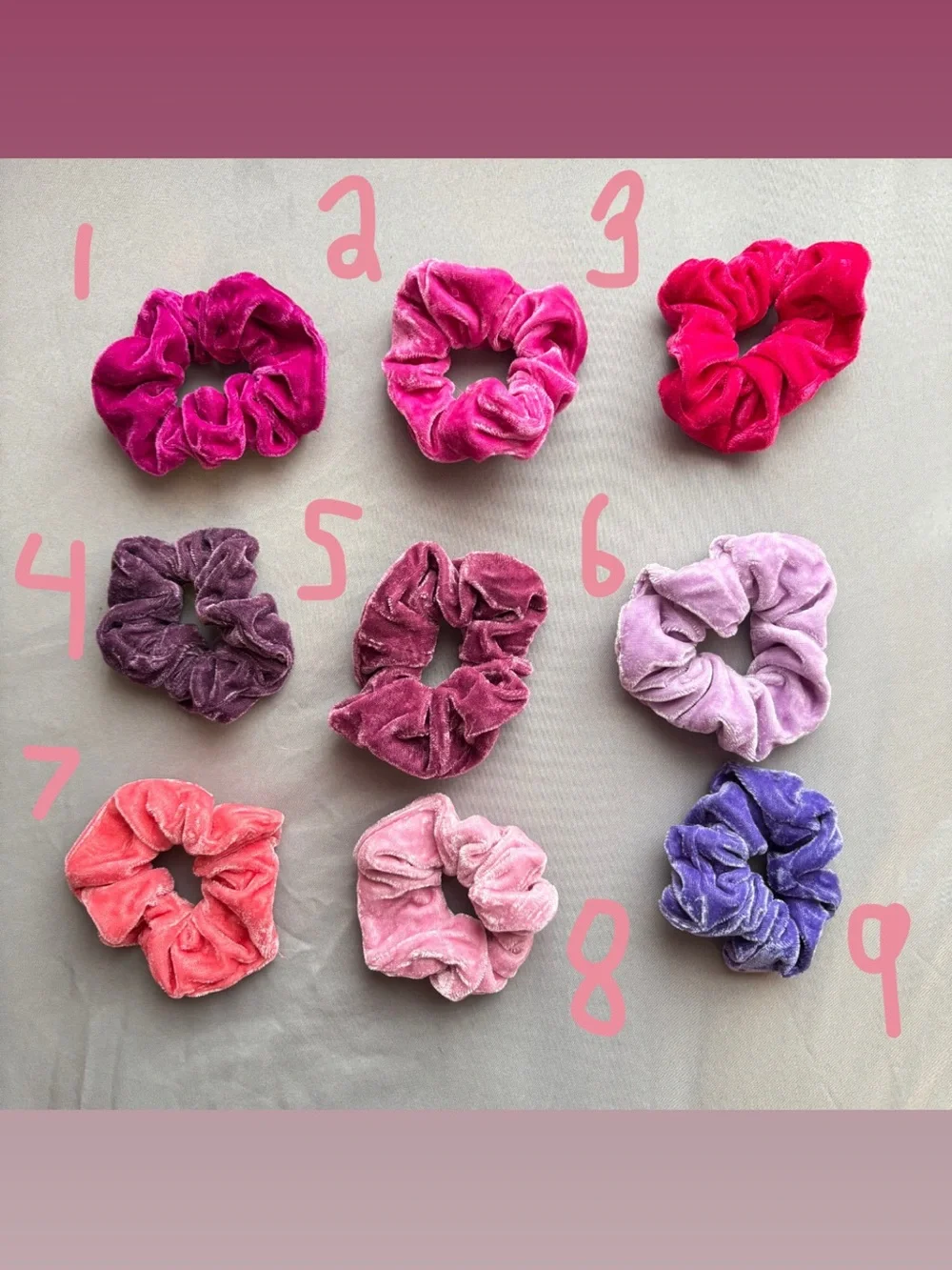 pink + purple velvet scrunchies FOR INDIVIDUAL SALE